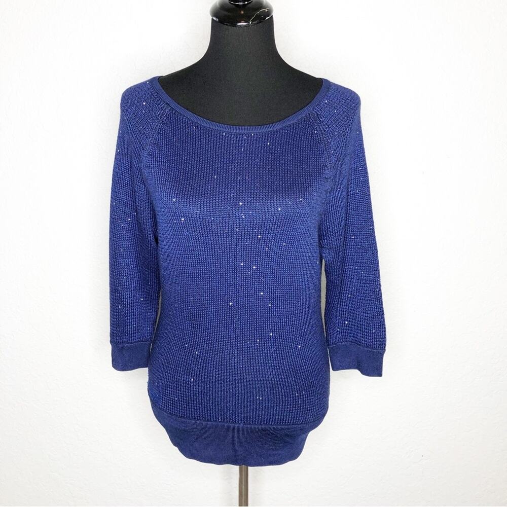 WHBM navy blue sequin embellished knit sweater top size Small